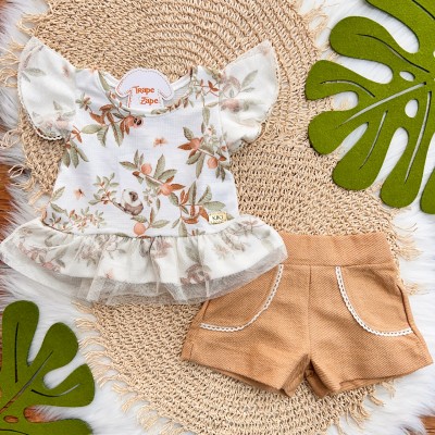 Conj. Blusa Porquinho da Índia e Short em Linho - Cappuccino e Areia